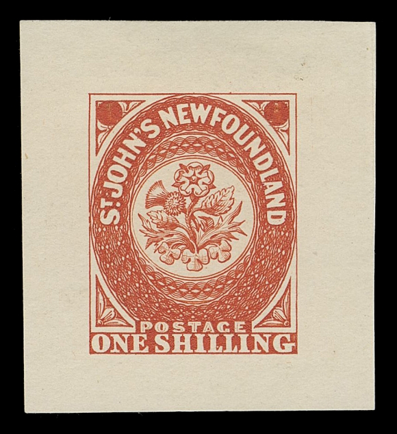 THE AFAB COLLECTION - NEWFOUNDLAND TRADE SAMPLE PROOFS Plate 1A, Paper 9,(1929 - defaced state) Trade Sample Die Proofs printed in red on white diagonal mesh wove paper (0.004" to 0.0045" thick), the complete set of nine. An exceptional set in choice condition, XF