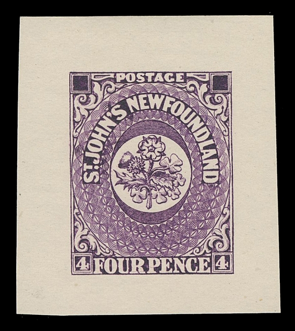 THE AFAB COLLECTION - NEWFOUNDLAND TRADE SAMPLE PROOFS  Plate 1A, Paper 9,(1929 - defaced state) Trade Sample Die Proofs printed in violet on white diagonal mesh wove paper (0.004" to 0.0045" thick), the complete set of nine, the 1sh mounted on large card. A very appealing set, VF