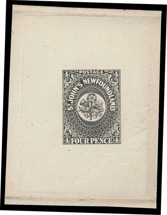 THE AFAB COLLECTION - NEWFOUNDLAND PENCE ISSUES 4,Perkins Bacon Original Engraved Die Proof, printed in black on india paper 44 x 62mm mounted on card 52 x 68mm, displaying a remarkably sharp impression on pristine paper. Characteristic extended frameline visible at upper right and lower left corners. A highly desirable and extremely rare die proof, the largest extant, VF
Provenance: Robert H. Pratt Pence Collection, October 1986; Lot 9