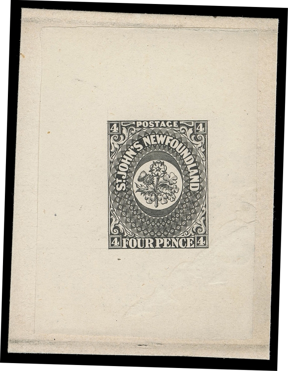 THE AFAB COLLECTION - NEWFOUNDLAND PENCE ISSUES  4,Perkins Bacon Original Engraved Die Proof, printed in black on india paper 44 x 62mm mounted on card 52 x 68mm, displaying a remarkably sharp impression on pristine paper. Characteristic extended frameline visible at upper right and lower left corners. A highly desirable and extremely rare die proof, the largest extant, VF

Provenance: Robert H. Pratt Pence Collection, October 1986; Lot 9