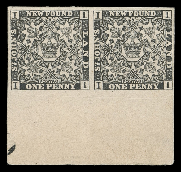 THE AFAB COLLECTION - NEWFOUNDLAND PENCE ISSUES  1P,Plate proof pair printed in black on thick white card, sheet margin at foot, a scarce pair originating from the only sheet printed, VF