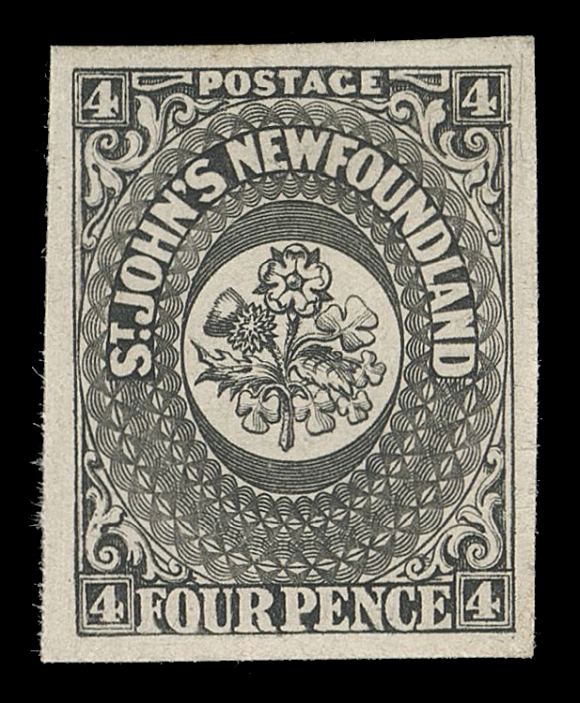 THE AFAB COLLECTION - NEWFOUNDLAND PENCE ISSUES 4P,An unusually choice plate proof single printed in black on thick white card, large margins and fresh. A lovely proof originating from the sole sheet of 20 printed, XF
