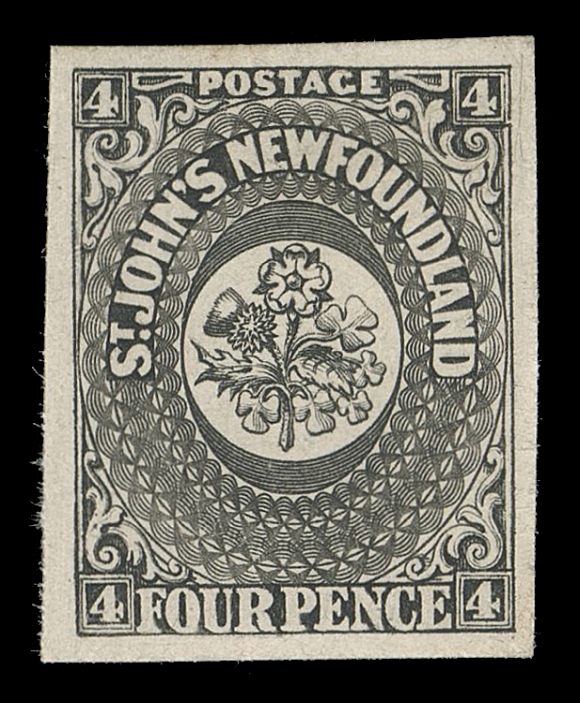 THE AFAB COLLECTION - NEWFOUNDLAND PENCE ISSUES  4P,An unusually choice plate proof single printed in black on thick white card, large margins and fresh. A lovely proof originating from the sole sheet of 20 printed, XF