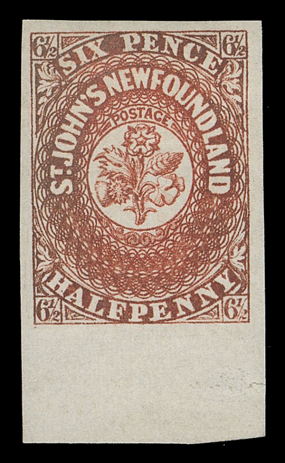 THE AFAB COLLECTION - NEWFOUNDLAND PENCE ISSUES  7,A marvelous mint example with lower sheet margin and large margins on other sides, deep rich colour a trifle oxidized, bright impression on pristine fresh paper, full, dull white streaky original gum characteristic of the 1857 Issue. Rarely encountered with such large margins. This stamp is noticeably superior to what we are accustomed to seeing by a large margin, pencil signed by expert Herbert Bloch on reverse, XF OGExpertization: 2007 Greene Foundation certificateProvenance: Alfred Caspary, Sale 5 - British North America, H.R. Harmer, Inc., October 1956; Lot 333 - aptly described "... superb in all respects. A fantastic stamp, probably none finer."Claude Cartier, Part One, SG Auctions, April 1977; Lot 66The "Provenance" Collection of British North America, Harmers of New York, January 1983; Lot 2024John Foxbridge (du Pont), Private Treaty 1988Sir Gawaine Baillie, Part VII - British North America, Sotheby