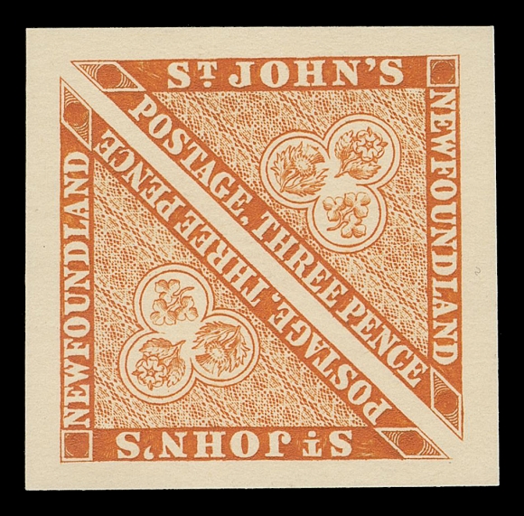 THE AFAB COLLECTION - NEWFOUNDLAND TRADE SAMPLE PROOFS Plate 1A, Paper 10,(1929 - Defaced State) Trade Sample Proof pair on thick yellowish wove paper (0.006" to 0.007" thick), very scarce, in a striking colour and showing both dies, VF