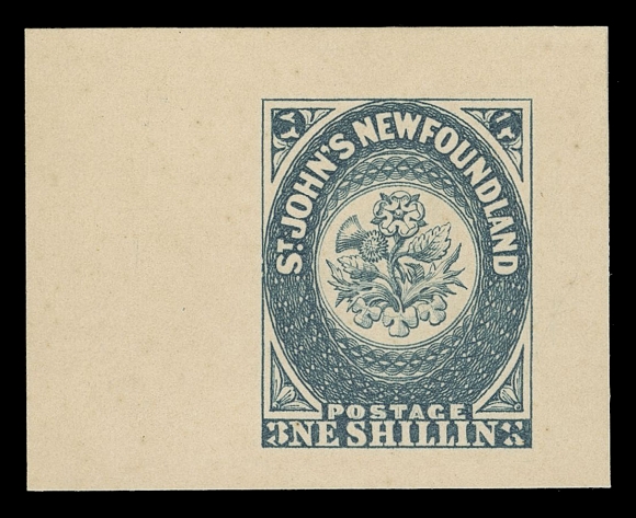 THE AFAB COLLECTION - NEWFOUNDLAND TRADE SAMPLE PROOFS Plate 6, Paper 13,(1929 - defaced) Trade Sample Proofs in dark brown, blue green and blue, all on stiff yellowish card (0.0080" to 0.0085" thick) and showing defacing marks in corners found only on this particular plate; a lovely trio, VF