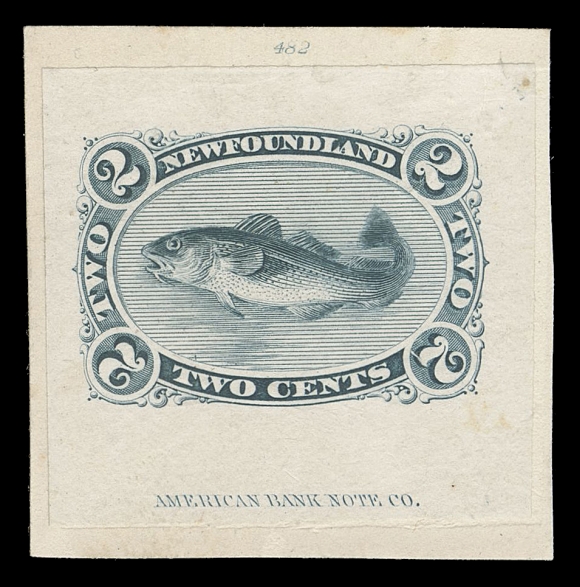THE AFAB COLLECTION - NEWFOUNDLAND DECIMAL ISSUES  24,“Goodall” die proof, engraved, printed in greenish blue on india paper 34 x 32mm, sunk on card 37 x 37mm, shows ABNC imprint below design and die number "482" above. A beautiful and rarely encountered proof, XF