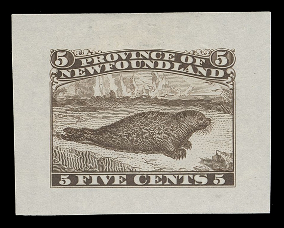 THE AFAB COLLECTION - NEWFOUNDLAND DECIMAL ISSUES  25,Engraved Die Essay in dark brown on india paper 37 x 29mm, displaying nearly all of the elements found on the issued stamp except it reads "PROVINCE OF NEWFOUNDLAND" at top. A glorious die essay in immaculate condition and of great rarity, XF (Minuse & Pratt 25E-C)Provenance: Sidney Harris, Part I, October 1968; Lot 226