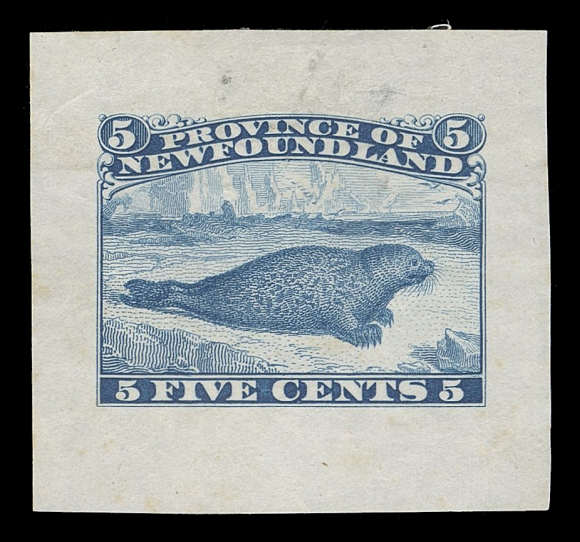 THE AFAB COLLECTION - NEWFOUNDLAND DECIMAL ISSUES 25,Engraved Die Essay in blue on india paper 35 x 33mm, showing nearly all of the elements found on the issued stamp except top scroll reads "PROVINCE OF NEWFOUNDLAND"; minute spot clear of design and natural unevenness at top. A wonderful essay - the unadopted design in a remarkable colour (quite similar to the 1876 Rouletted issue), a rare showpiece, VF (Minuse & Pratt 25E-C)
