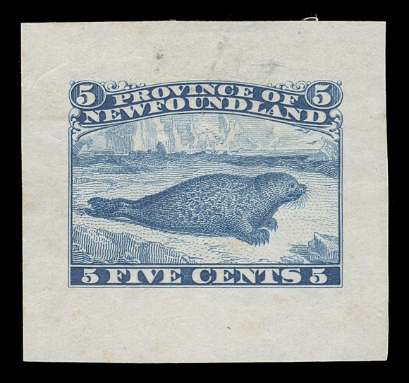 THE AFAB COLLECTION - NEWFOUNDLAND DECIMAL ISSUES  25,Engraved Die Essay in blue on india paper 35 x 33mm, showing nearly all of the elements found on the issued stamp except top scroll reads "PROVINCE OF NEWFOUNDLAND"; minute spot clear of design and natural unevenness at top. A wonderful essay - the unadopted design in a remarkable colour (quite similar to the 1876 Rouletted issue), a rare showpiece, VF (Minuse & Pratt 25E-C)
