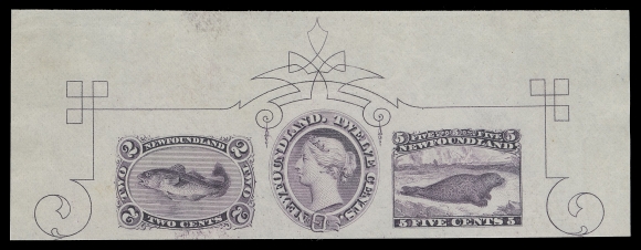 THE AFAB COLLECTION - NEWFOUNDLAND DECIMAL ISSUES  24, 25, 28,Top portion of a trade sample sheet displaying se-tenant proofs of the 2c Codfish, 12c Queen Victoria and 5c Harp Seal, engraved, printed in greyish violet on white vertical mesh wove paper (0.003" thick), unsevered ornamental sheet margins on three sides. Rarely offered as a strip and especially desirable with such superb dark colour, XF (Minuse & Pratt PB-Ab)