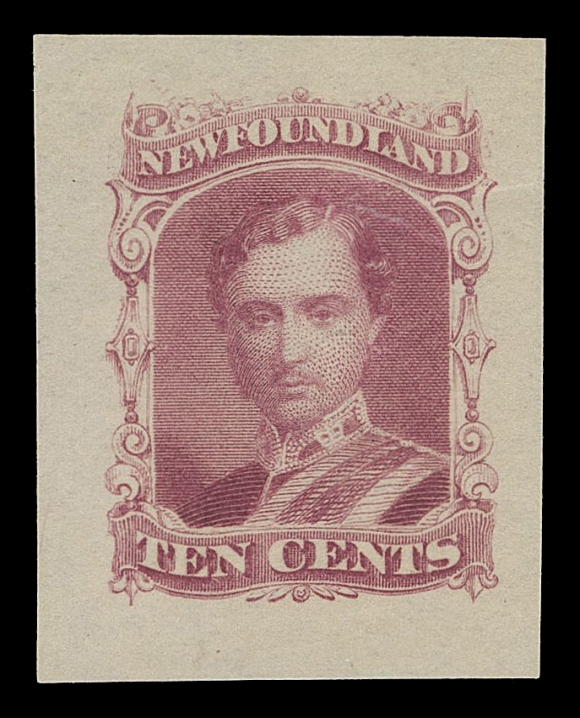 THE AFAB COLLECTION - NEWFOUNDLAND DECIMAL ISSUES  27,An impressive lot of eight, distinctively different American Bank Note Company trade sample proofs, printed in darker colours than normally encountered - brownish lilac, magenta, rose red, pinkish rose, greyish blue, deep blue with natural printing ink smears, bright yellow and yellow green, on white or yellowish wove paper; the first proof in brownish lilac is lithographed, others are engraved. Uncharacteristically sound condition, a beautiful lot, VF-XF