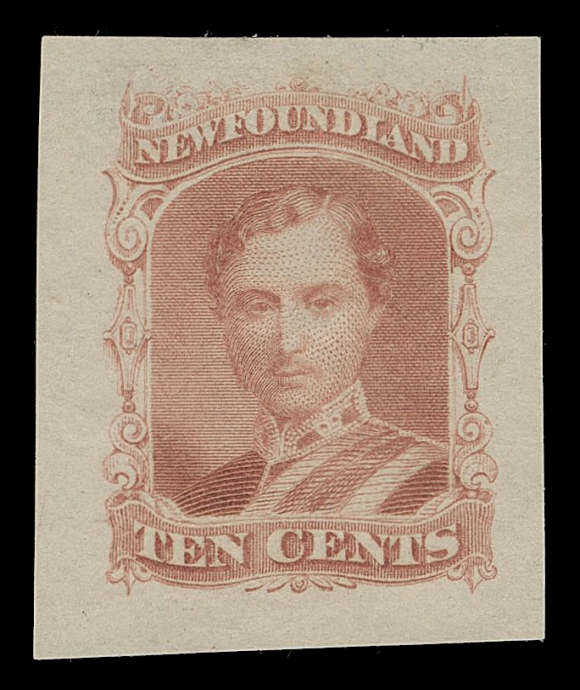 THE AFAB COLLECTION - NEWFOUNDLAND DECIMAL ISSUES  27,An impressive lot of eight, distinctively different American Bank Note Company trade sample proofs, printed in darker colours than normally encountered - brownish lilac, magenta, rose red, pinkish rose, greyish blue, deep blue with natural printing ink smears, bright yellow and yellow green, on white or yellowish wove paper; the first proof in brownish lilac is lithographed, others are engraved. Uncharacteristically sound condition, a beautiful lot, VF-XF
