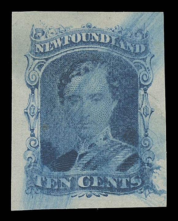 THE AFAB COLLECTION - NEWFOUNDLAND DECIMAL ISSUES  27,An impressive lot of eight, distinctively different American Bank Note Company trade sample proofs, printed in darker colours than normally encountered - brownish lilac, magenta, rose red, pinkish rose, greyish blue, deep blue with natural printing ink smears, bright yellow and yellow green, on white or yellowish wove paper; the first proof in brownish lilac is lithographed, others are engraved. Uncharacteristically sound condition, a beautiful lot, VF-XF