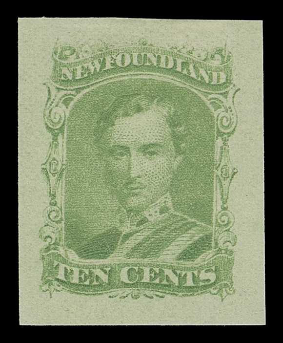 THE AFAB COLLECTION - NEWFOUNDLAND DECIMAL ISSUES  27,An impressive lot of eight, distinctively different American Bank Note Company trade sample proofs, printed in darker colours than normally encountered - brownish lilac, magenta, rose red, pinkish rose, greyish blue, deep blue with natural printing ink smears, bright yellow and yellow green, on white or yellowish wove paper; the first proof in brownish lilac is lithographed, others are engraved. Uncharacteristically sound condition, a beautiful lot, VF-XF