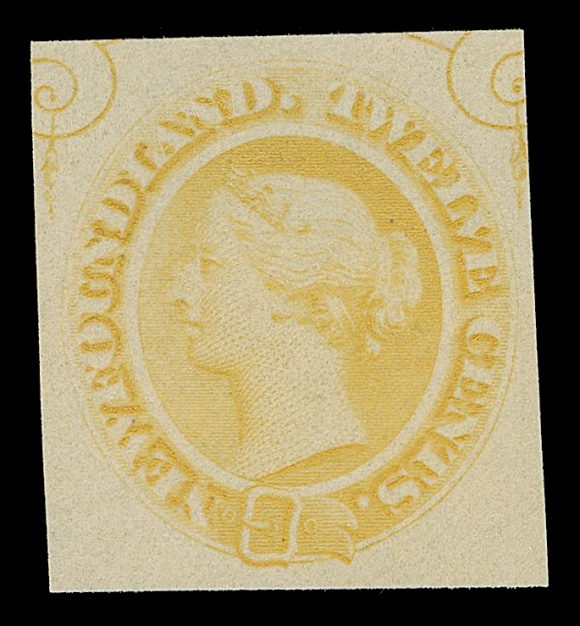 THE AFAB COLLECTION - NEWFOUNDLAND DECIMAL ISSUES  28,A beautiful trio of American Bank Note Company trade sample proofs - in pale golden yellow, bright yellow and rose red on white bond or yellowish wove paper, each showing the positional ornamental scrolls at top, all in sound condition, attractive and scarce, VF-XF