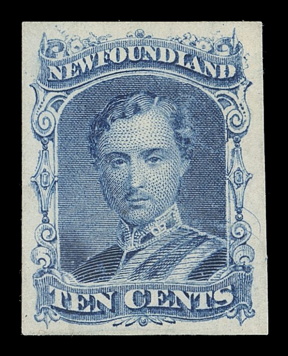 THE AFAB COLLECTION - NEWFOUNDLAND DECIMAL ISSUES  27,Trial Colour Die Proof, engraved and printed in bright blue on thick vertical mesh wove paper, rare and very distinctive when compared to ABNC trade samples. A great item for the specialist, VF; 2011 Greene Foundation cert. (Minuse & Pratt 27TC2a)The Pratt collection contained a similar coloured proof, stamp size with clipped corners, annotated as "a die proof from engraver