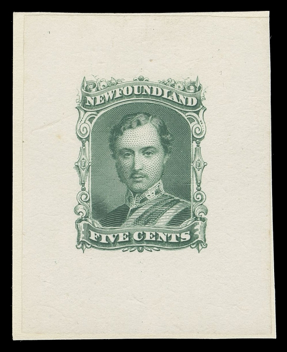 THE AFAB COLLECTION - NEWFOUNDLAND DECIMAL ISSUES  27,Large Engraved Die Essay in green on india paper 37 x 48mm, showing unadopted denomination "FIVE CENTS" in lower scroll panel, mounted on slightly larger card. A visually striking, very rare large size Die essay, VF (Minuse & Pratt 25E-Ba)