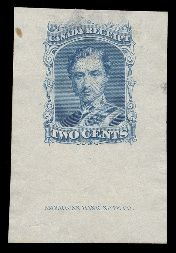THE AFAB COLLECTION - NEWFOUNDLAND DECIMAL ISSUES  27,Large Engraved Die Essays in blue and in brown, showing "CANADA RECEIPT" in top panel and "TWO CENTS" in lower panel, both on india paper 32 x 49mm and 33 x 37mm respectively, some india thinning, tiny stain spot at top left on former, nevertheless a very rare duo. Subsequently reworked by ABNC in stages, ultimately modifying top and lower panels to the issued "NEWFOUNDLAND" and "TEN CENTS", VF appearance; both show (under UV) "RP" (Robert Pratt) monogram.