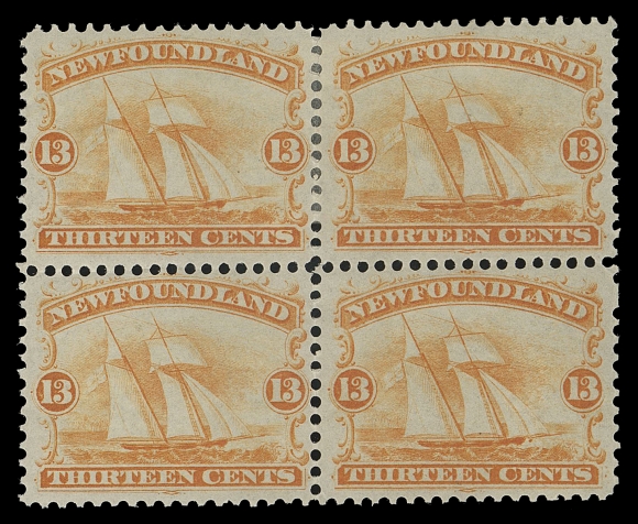 THE AFAB COLLECTION - NEWFOUNDLAND DECIMAL ISSUES  30, 30i,An impressive mint block of four with Major Re-entry (Pos. 18) at lower right with doubling below first "N" in "NEWFOUNDLAND" and to the right of left "13" value ornament. Well centered for this difficult issue, hinged at top leaving bottom pair including the plate variety NEVER HINGED, VF; catalogue $2,400 as normal stamps.This block holds what can be regarded as the FINEST EXISTING MINT NH 13c Re-entry, currently listed in Unitrade but still unpriced, a clear sign of its rarity.