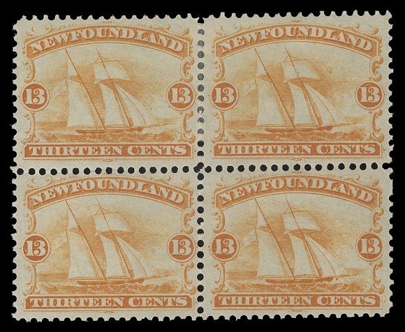 THE AFAB COLLECTION - NEWFOUNDLAND DECIMAL ISSUES  30, 30i,An impressive mint block of four with Major Re-entry (Pos. 18) at lower right with doubling below first "N" in "NEWFOUNDLAND" and to the right of left "13" value ornament. Well centered for this difficult issue, hinged at top leaving bottom pair including the plate variety NEVER HINGED, VF; catalogue $2,400 as normal stamps.

This block holds what can be regarded as the FINEST EXISTING MINT NH 13c Re-entry, currently listed in Unitrade but still unpriced, a clear sign of its rarity.