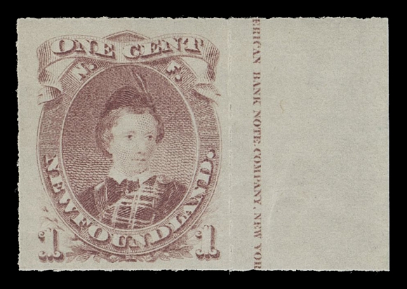 THE AFAB COLLECTION - NEWFOUNDLAND DECIMAL ISSUES  37,A fantastic mint example displaying a nearly complete ABNC New York imprint in right margin, intact roulette on all sides and very well centered amidst unusually large margins, full clean original gum. XF LH GEM