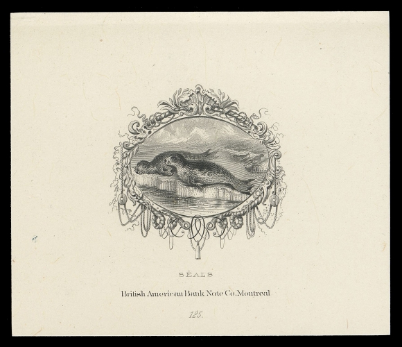 THE AFAB COLLECTION - NEWFOUNDLAND DECIMAL ISSUES  Engraved Die Essay with intricate surrounds of fish nets and ropes, printed directly on white surfaced card 72 x 61mm; "SEALS", "British American Bank Note Co. Montreal" imprints and die number "125" at bottom centre; perhaps a model for a tentative stamp or other printing contract, rare and appealing, VF