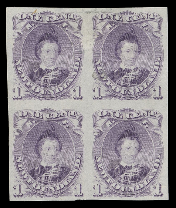 THE AFAB COLLECTION - NEWFOUNDLAND DECIMAL ISSUES  32ATCiii, vi,Two striking trial colour plate proof blocks of four on india paper, printed in orange and in dark violet. Not often seen especially in multiples, VF