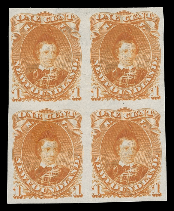 THE AFAB COLLECTION - NEWFOUNDLAND DECIMAL ISSUES  32ATCiii, vi,Two striking trial colour plate proof blocks of four on india paper, printed in orange and in dark violet. Not often seen especially in multiples, VF