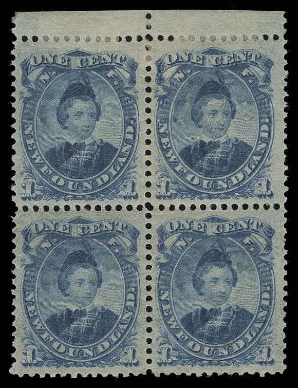 THE AFAB COLLECTION - NEWFOUNDLAND DECIMAL ISSUES  32TCxiv,Trial Colour plate proof block of four printed in deep blue on thin translucent wove paper, perforated 12, hinged in margin only, all stamps with full original gum. These perforated and gummed proofs are elusive even as singles, a block of four is rare indeed, VF LH