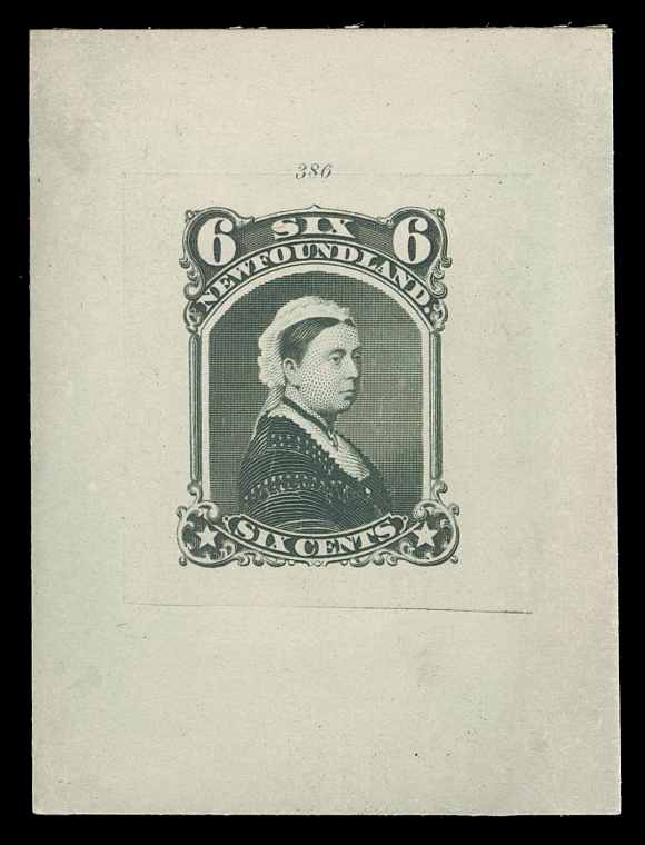 THE AFAB COLLECTION - NEWFOUNDLAND DECIMAL ISSUES  35,"Goodall" Engraved Die Proof in dark blue green on india paper 29 x 31mm die sunk on large card 42 x 56mm, small die number "386" above design. An extraordinary die proof, very rare thus, XF

Provenance: Robert H. Pratt (private sale), his invisible ink  "RP" monogram can be seen under UV lamp.