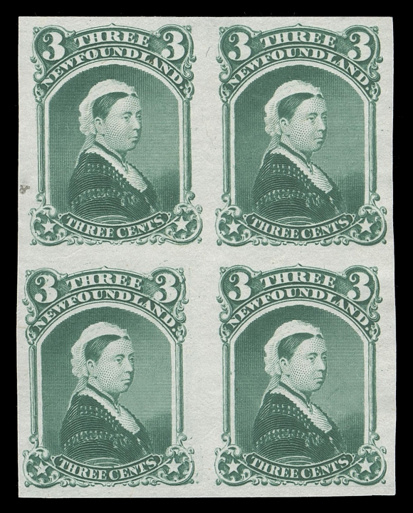 THE AFAB COLLECTION - NEWFOUNDLAND DECIMAL ISSUES  33TCii, iv,Trial colour plate proof blocks of four in dusky blue green and in yellow brown on india paper, seldom seen multiples, VFMajor Re-entry (Pos. 55) is on the upper left stamp of blue green block; with various doubling marks throughout design including "TH" and "ENTS" of "THREE CENTS".
