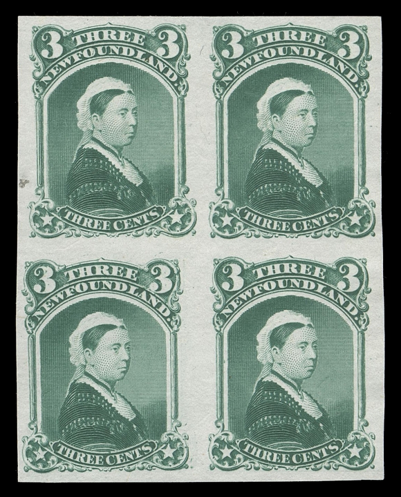 THE AFAB COLLECTION - NEWFOUNDLAND DECIMAL ISSUES 33TCii, iv,Trial colour plate proof blocks of four in dusky blue green and in yellow brown on india paper, seldom seen multiples, VF
Major Re-entry (Pos. 55) is on the upper left stamp of blue green block; with various doubling marks throughout design including "TH" and "ENTS" of "THREE CENTS".