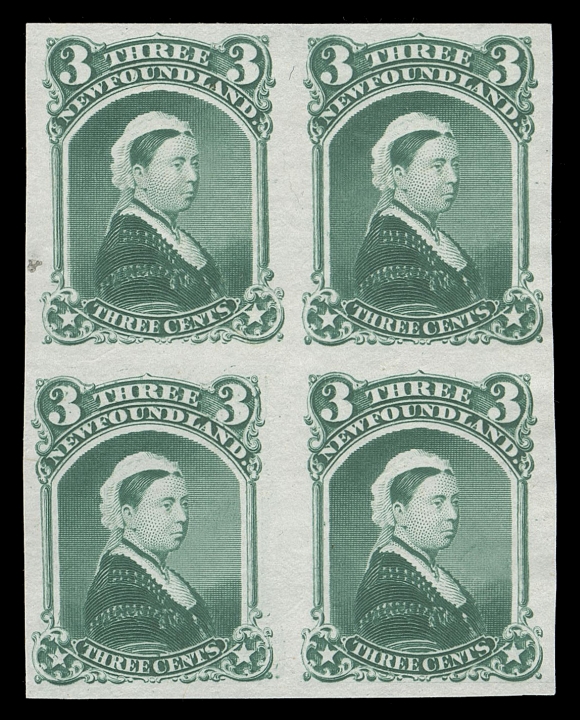 THE AFAB COLLECTION - NEWFOUNDLAND DECIMAL ISSUES  33TCii, iv,Trial colour plate proof blocks of four in dusky blue green and in yellow brown on india paper, seldom seen multiples, VF

Major Re-entry (Pos. 55) is on the upper left stamp of blue green block; with various doubling marks throughout design including "TH" and "ENTS" of "THREE CENTS".