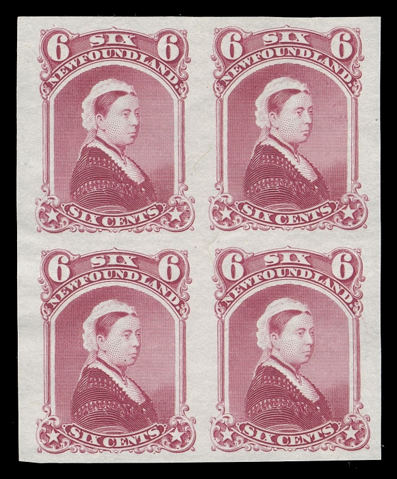 THE AFAB COLLECTION - NEWFOUNDLAND DECIMAL ISSUES  35P + variety,Plate proof block in bright rose on india paper,  enormous margins, XF; the "Falling Rocks" variety can be seen on the lower right stamp.