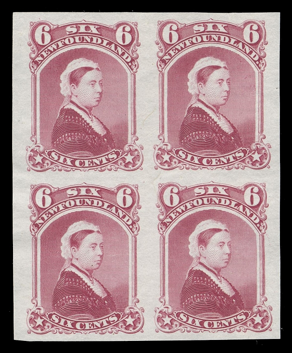 THE AFAB COLLECTION - NEWFOUNDLAND DECIMAL ISSUES 35P + variety,Plate proof block in bright rose on india paper, enormous margins, XF; the "Falling Rocks" variety can be seen on the lower right stamp.