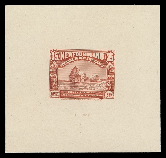 THE AFAB COLLECTION - NEWFOUNDLAND 1897-1947 ISSUES  73,Large Engraved Die Proof in red, colour of issue, on card mounted india paper 60 x 57mm; the hardened die with ABNC imprint and die number "C-389" below design. All die proofs of this issue are rare, VF