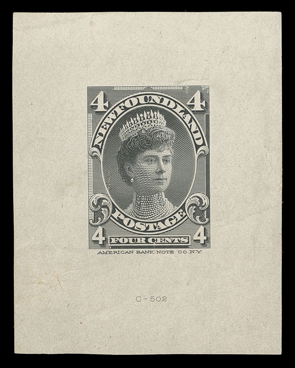 THE AFAB COLLECTION - NEWFOUNDLAND 1897-1947 ISSUES 84,Engraved Trial Colour Die Proof in black on white glazed-surfaced wove paper 43 x 55mm, die number "C-502" below design; faint creasing, an extremely rare die proof believed to be the only one existing in black on glazed paper, VF; ex. Alan Selby (September 1993; Lot 187)