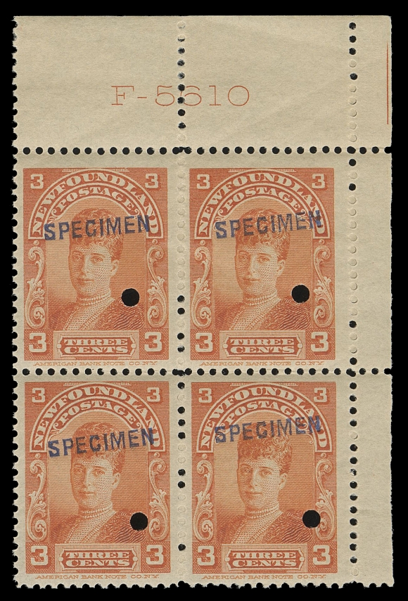 THE AFAB COLLECTION - NEWFOUNDLAND 1897-1947 ISSUES 83,Two different, very scarce positional blocks of four: first with bottom centre ABNC imprint and large SPECIMEN overprint (20 x 3½mm in blue, printing order #6 of November 1905, red orange on distinctive thin paper). Second is a top right corner block from left pane with control number "F-5610" imprint and SPECIMEN (14½ x 2½mm blue, printing order #7 - orange shade, May 1918). Each with customary ABNC security punch, an attractive and rare duo, VF