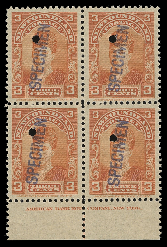 THE AFAB COLLECTION - NEWFOUNDLAND 1897-1947 ISSUES  83,Two different, very scarce positional blocks of four: first with bottom centre ABNC imprint and large SPECIMEN overprint (20 x 3½mm in blue, printing order #6 of November 1905, red orange on distinctive thin paper). Second is a top right corner block from left pane with control number "F-5610" imprint and SPECIMEN (14½ x 2½mm blue, printing order #7 - orange shade, May 1918). Each with customary ABNC security punch, an attractive and rare duo, VF