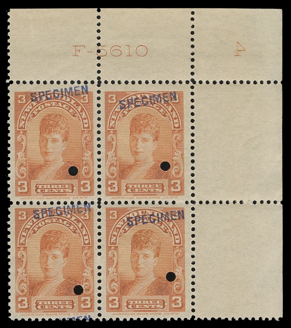 THE AFAB COLLECTION - NEWFOUNDLAND 1897-1947 ISSUES  83,Upper right block (from right pane) with control number "F-5610" imprint and the very elusive reversed plate "4" at top right (only found on the last printing order, No. 7 of May 1918), each stamp with SPECIMEN (14½ x 2½mm) overprint in blue and customary ABNC security punch, VF NH, uniqueOnly one sheet of 200 of Printing Order No. 7 was printed, divided by a gutter margin into left and right panes of 100, making this the only known Plate "4" block.