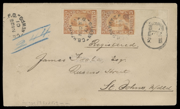 THE AFAB COLLECTION - NEWFOUNDLAND 1897-1947 ISSUES  1901 (November 23) Registered cover bearing a vertical format imperforate pair with lower margin, nicely tied by C.B. Railway T.P.O. Newf