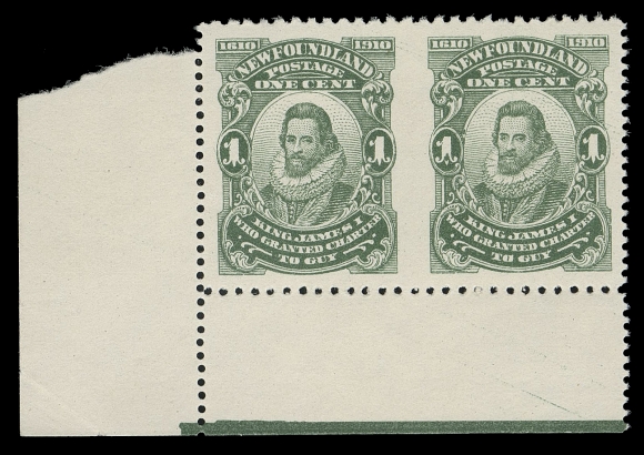 THE AFAB COLLECTION - NEWFOUNDLAND 1897-1947 ISSUES  87g,A precisely centered mint corner margin pair imperforate vertically between, shows "jubilee" line at foot, a scarce perforation variety, VF LH; ex. Sir Gawaine Baillie (May 2006; Lot 452)