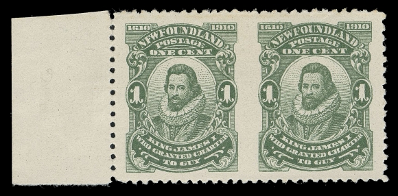 THE AFAB COLLECTION - NEWFOUNDLAND 1897-1947 ISSUES  87xiii,A well centered mint left margin pair imperforate vertically between, also showing the positional varieties "NFW" and "JAMRS" (Pos. 41 & 42) original gum somewhat dulled. An extremely rare combination of perforation and plate varieties, VF LH