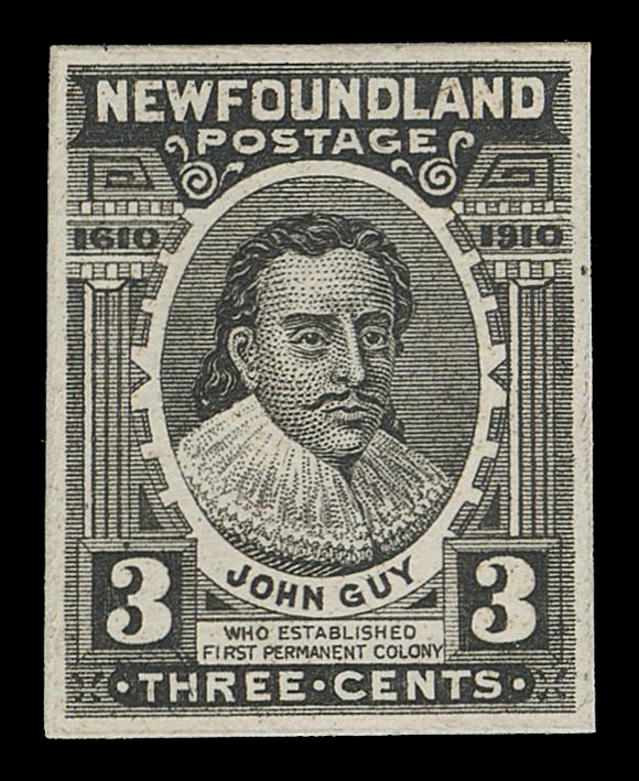 THE AFAB COLLECTION - NEWFOUNDLAND 1897-1947 ISSUES  87-97,A magnificent, complete set of eleven Engraved Die Proofs, printed stamp size in black on wove paper (0.006" thick), each with ample margins all around and displaying a very sharp impression. An  extremely rare set of all issued denominations, a perfect  cornerstone for a Guy issue collection, VF; each value with 2015  Greene Foundation certificate (Minuse & Pratt 87TC1a-103TC1)The 6 cent value is Type II with corrected "Z".Provenance: Sidney Harris, Part II, SG Auctions, April 1970; Lot  416                   Senator Henry D. Hicks, Maresch Sale 258, November 1991; Lot 238