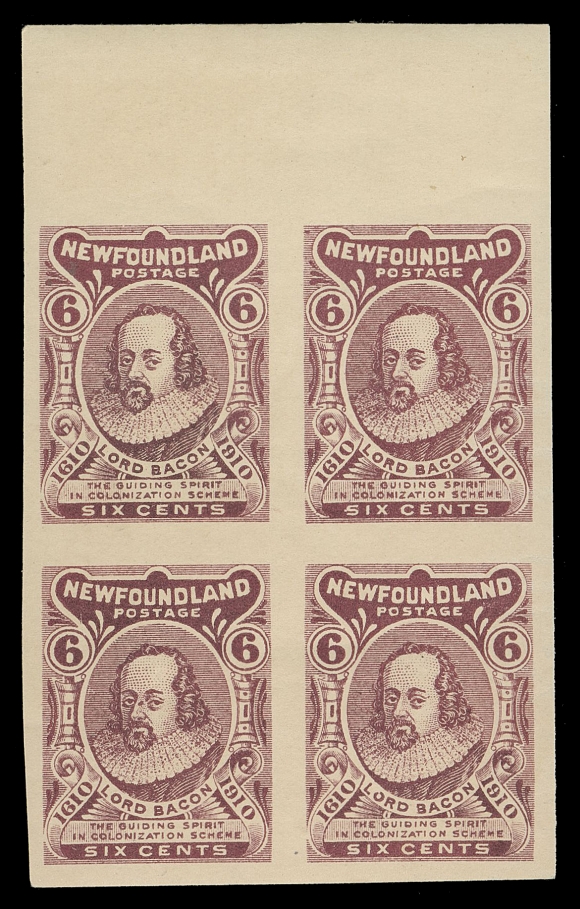 THE AFAB COLLECTION - NEWFOUNDLAND 1897-1947 ISSUES  92A, iii,Top margin imperforate plate proof block on thicker paper showing papermaker