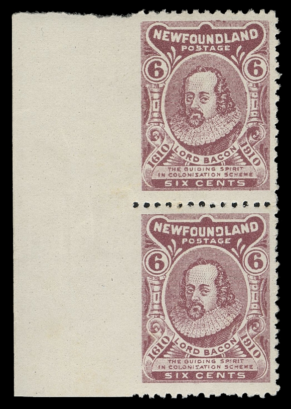 THE AFAB COLLECTION - NEWFOUNDLAND 1897-1947 ISSUES  92ii,Left margin mint pair imperforate vertically between stamps and sheet margin, insignificant marginal bend, full original gum, bottom unit is NH. Only two perforation error sheets were printed (twenty examples), VF; ex. Sir Gawaine Baillie (May 2006; Lot 450), St. Aylott (August 2010; Lot 259)