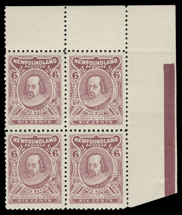 THE AFAB COLLECTION - NEWFOUNDLAND 1897-1947 ISSUES  92i,Mint corner margin block with "jubilee" line at right and showing the sought-after variety "WF" joined at upper right (Pos. 10); a few nibbed perfs on lower left stamp, otherwise VF NH. A very  scarce positional block with the key variety being XF