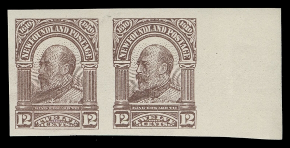 THE AFAB COLLECTION - NEWFOUNDLAND 1897-1947 ISSUES  96a,An impressive large margined mint imperforate pair, sheet margin at right, lovely rich colour on fresh paper, negligible bend in the margin only, full immaculate original gum, XF NH; a difficult pair to find in such premium quality.