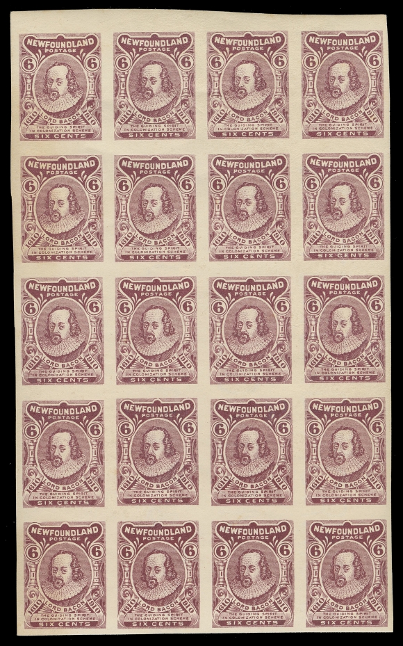 THE AFAB COLLECTION - NEWFOUNDLAND 1897-1947 ISSUES  92A, iii,An impressive mint imperforate plate proof block of twenty on thicker paper (4x5) displaying  almost complete papermaker